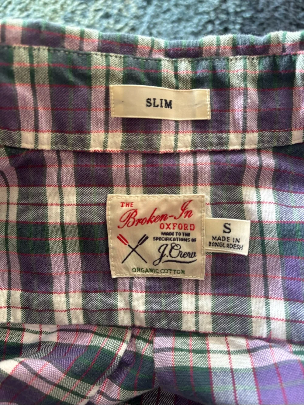 J. crew 100% cotton plaid green purple men’s button down collared oxford S slim